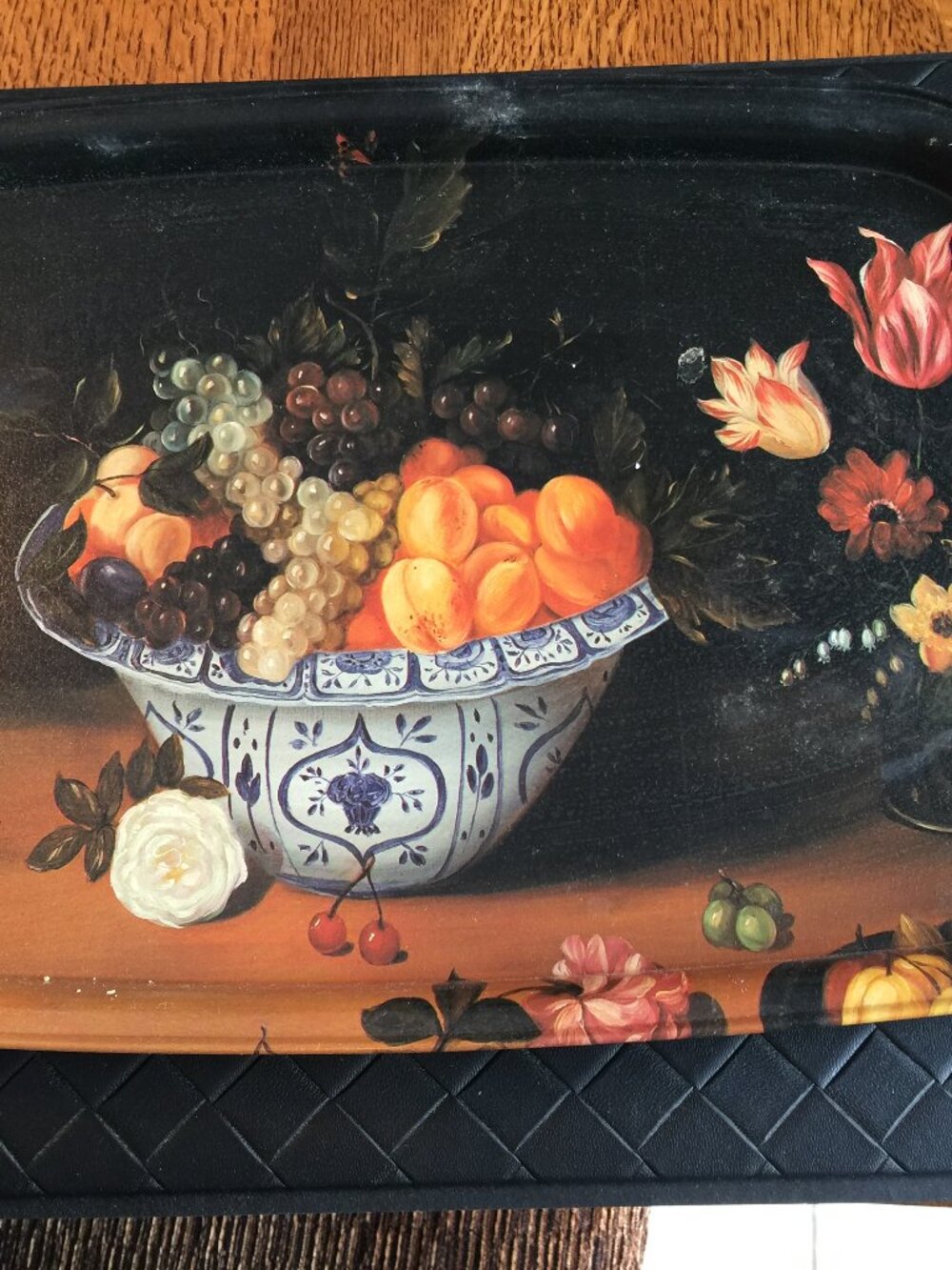 Vintage Rectangle Tray with Picture of Bowl of Fruit & Flowers  15 1/2" x 11"
